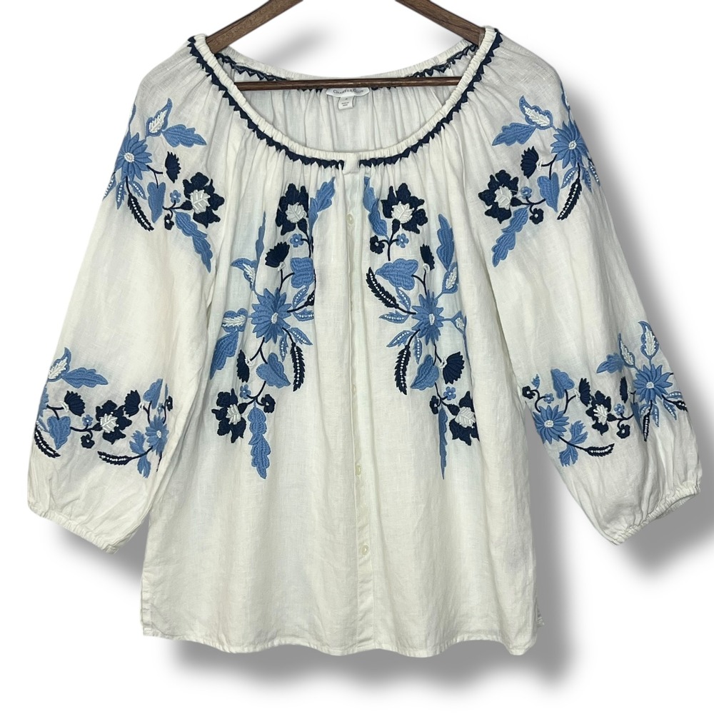 Charter Club White 100% Linen Embroidered Blue Floral Blouse Top M‎ Coastal Boho